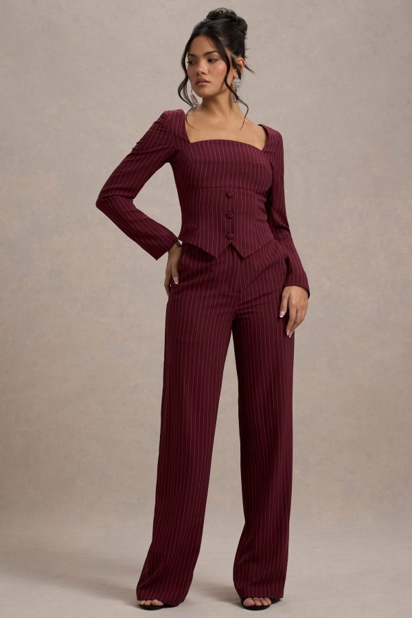 New York | Wine Pinstripe Tailored Wide-Leg Trousers on Sale - Image 2