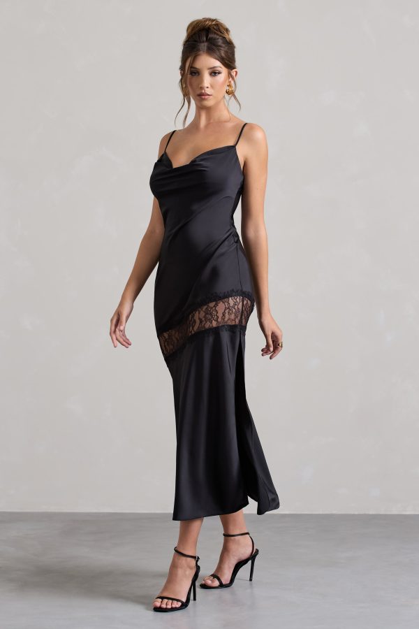 Matera | Black Satin Cowl-Neck Lace Trim Maxi Dress on Sale - Image 5
