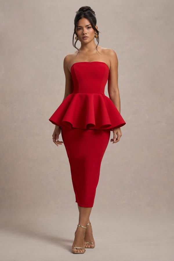 First Dance | Red Bandeau Peplum Midi Dress Fashion - Image 5