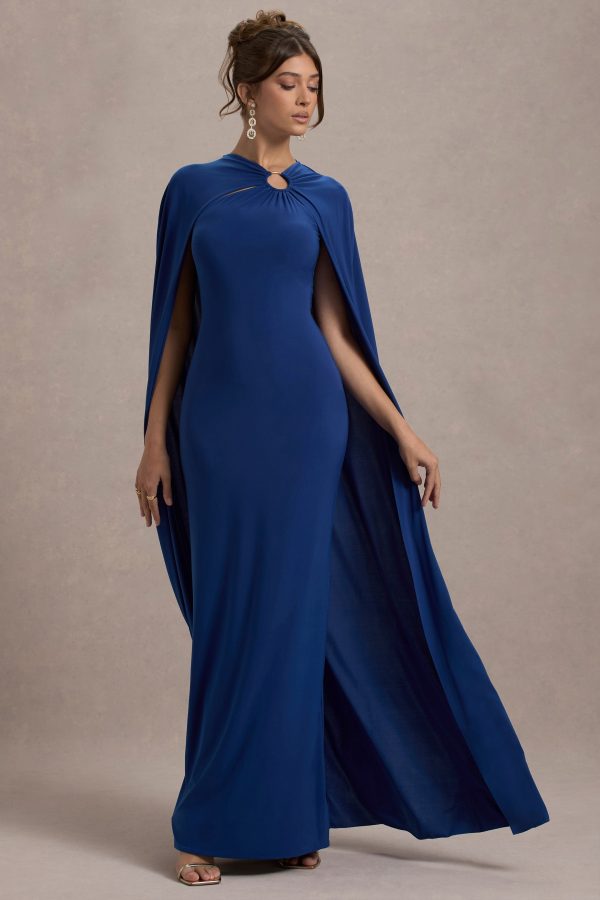 Aliza | Royal Blue Cape Maxi Dress With Gold Ring Online Hot Sale