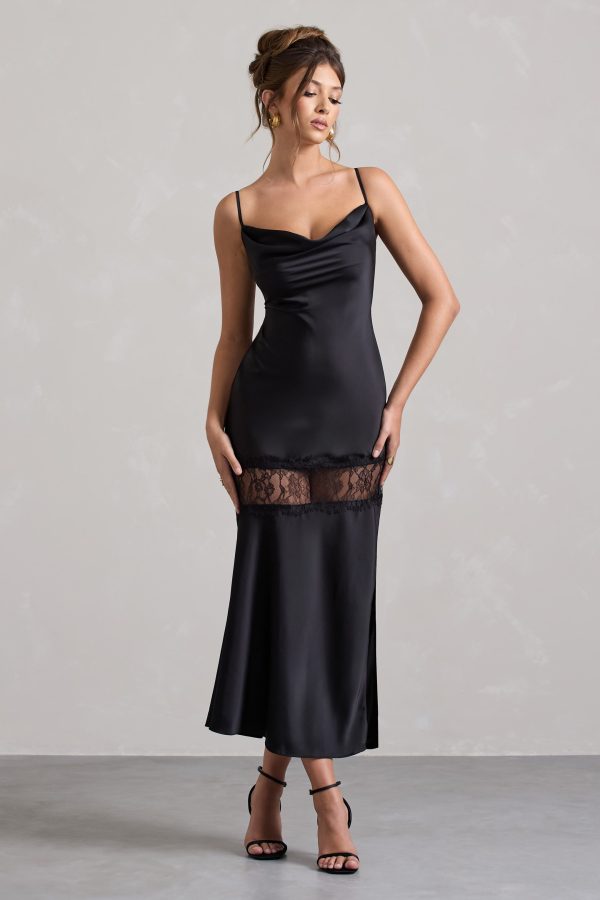 Matera | Black Satin Cowl-Neck Lace Trim Maxi Dress on Sale