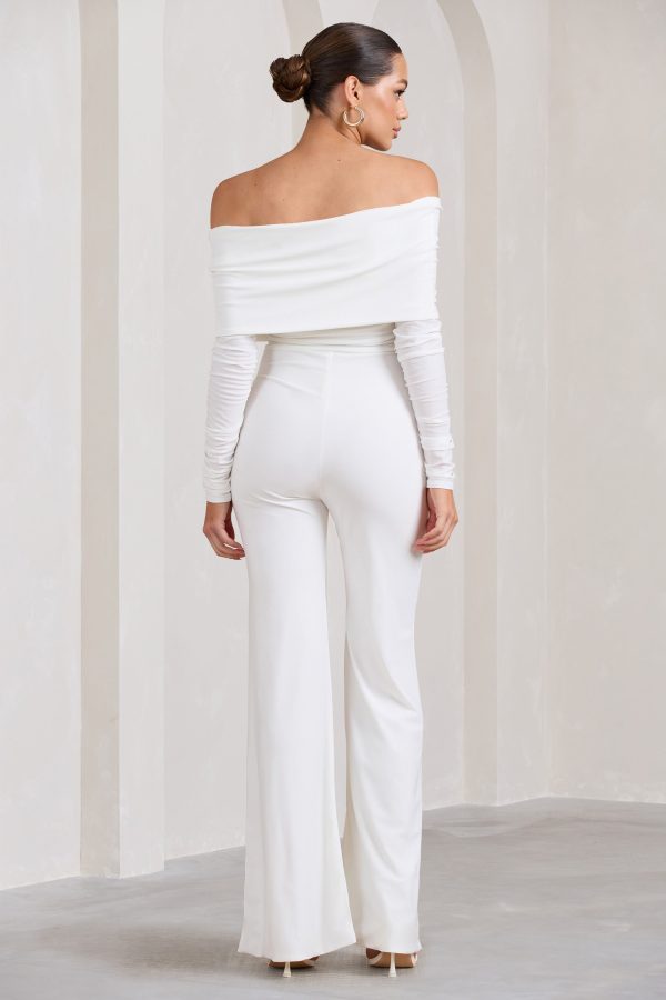 Hand On Heart | White Twist Front Bardot Long Sleeve Jumpsuit Supply - Image 2