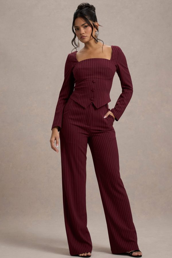 New York | Wine Pinstripe Tailored Wide-Leg Trousers on Sale - Image 5