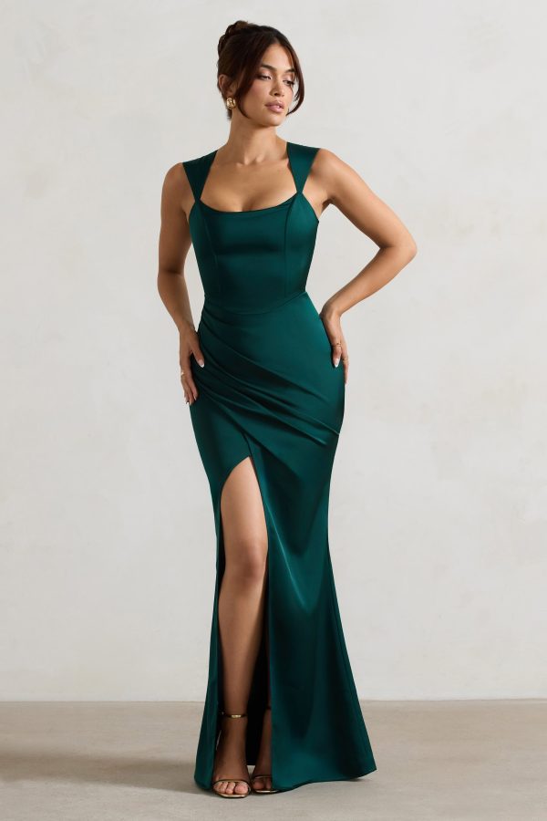 A Romantic | Green Satin Corset Wrap Maxi Dress Discount - Image 4