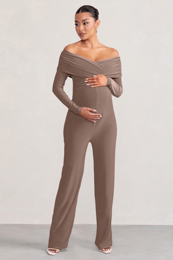 Nuala | Mocha Bardot Maternity Jumpsuit with Long Sleeves Cheap