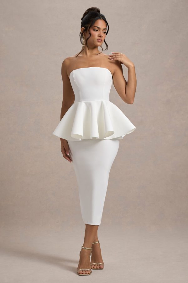 First Dance | White Bandeau Peplum Midi Dress Cheap