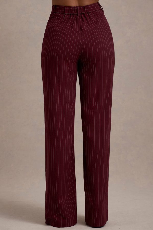 New York | Wine Pinstripe Tailored Wide-Leg Trousers on Sale - Image 4