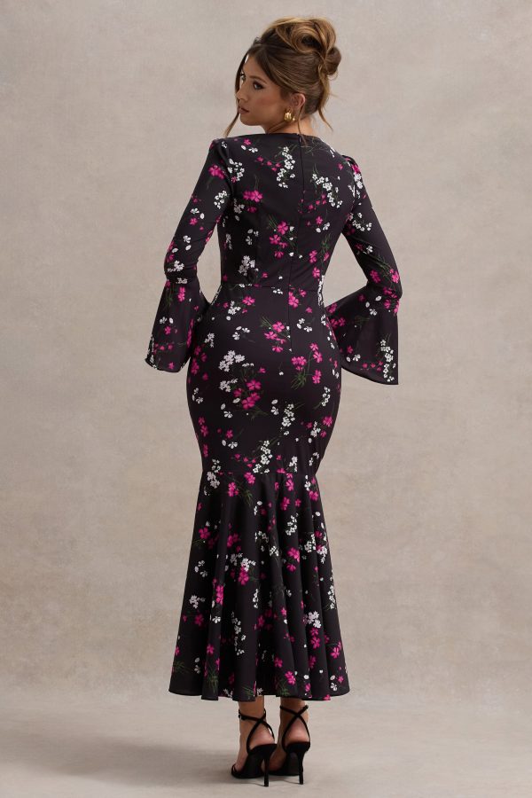 Catalonia | Black Ditsy Floral Print Chiffon Long-Sleeve Split Maxi Dress Online now - Image 2