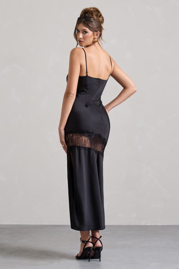 Matera | Black Satin Cowl-Neck Lace Trim Maxi Dress on Sale - Image 2