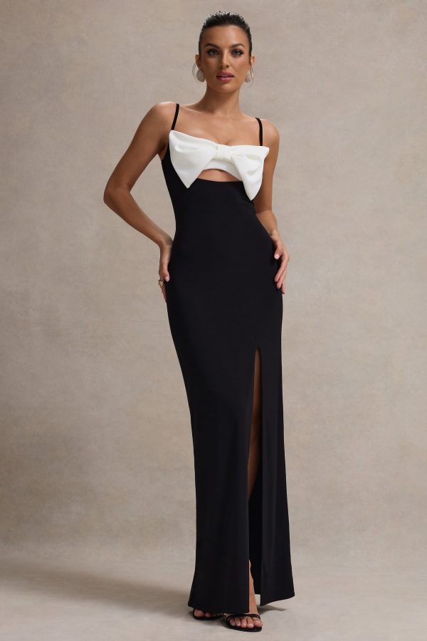 Emmalou | Black & White Strappy Split Maxi Dress With Bow Supply - Image 5