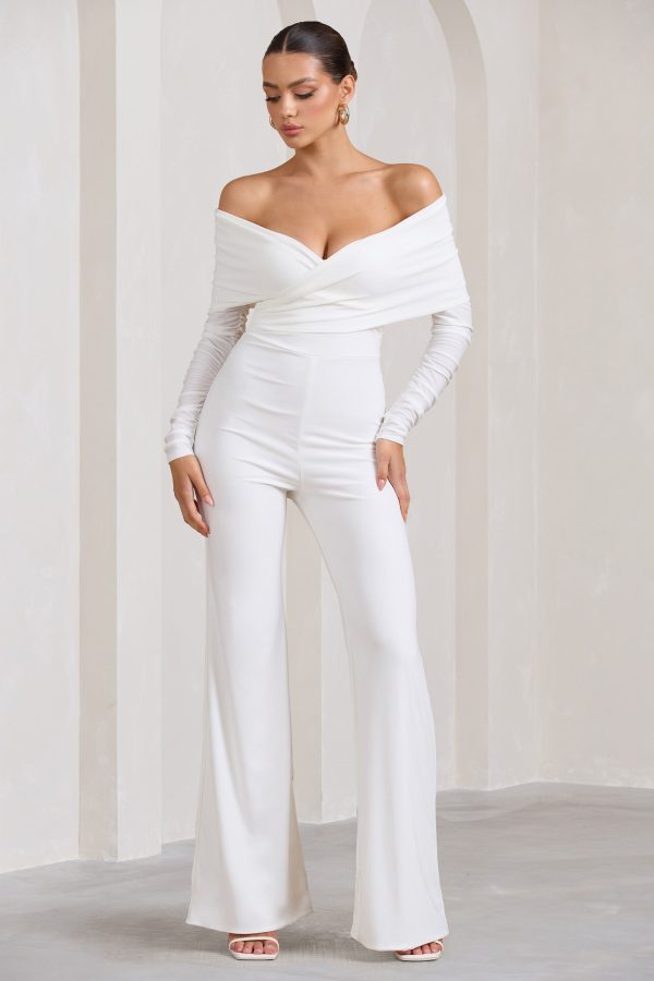 Hand On Heart | White Twist Front Bardot Long Sleeve Jumpsuit Supply - Image 5