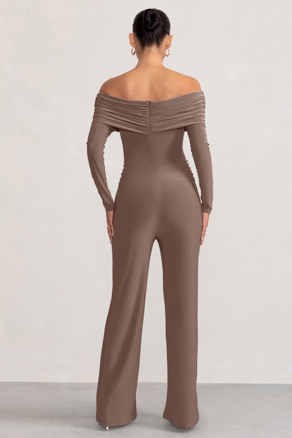 Nuala | Mocha Bardot Maternity Jumpsuit with Long Sleeves Cheap - Image 2