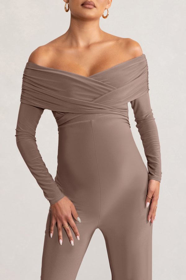 Nuala | Mocha Bardot Maternity Jumpsuit with Long Sleeves Cheap - Image 5