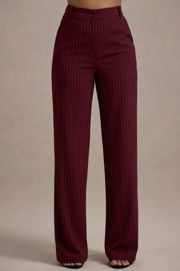 New York | Wine Pinstripe Tailored Wide-Leg Trousers on Sale - Image 3