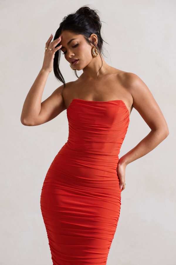 Nylah | Orange Ruched Corset Bodycon Midi Dress Online Sale - Image 3
