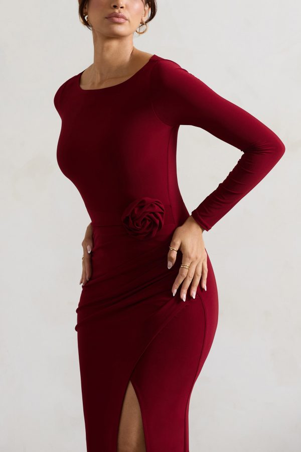 Makayla | Berry Long-Sleeve Wrap Maxi Dress With Corsages Online - Image 3