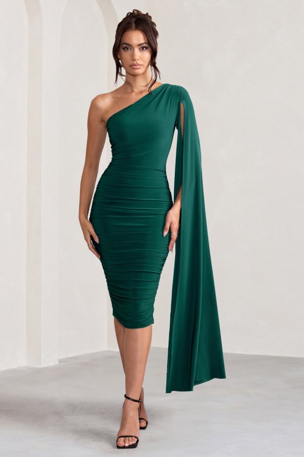 Yara | Bottle Green One Shoulder Cape Ruched Midi Dress Cheap