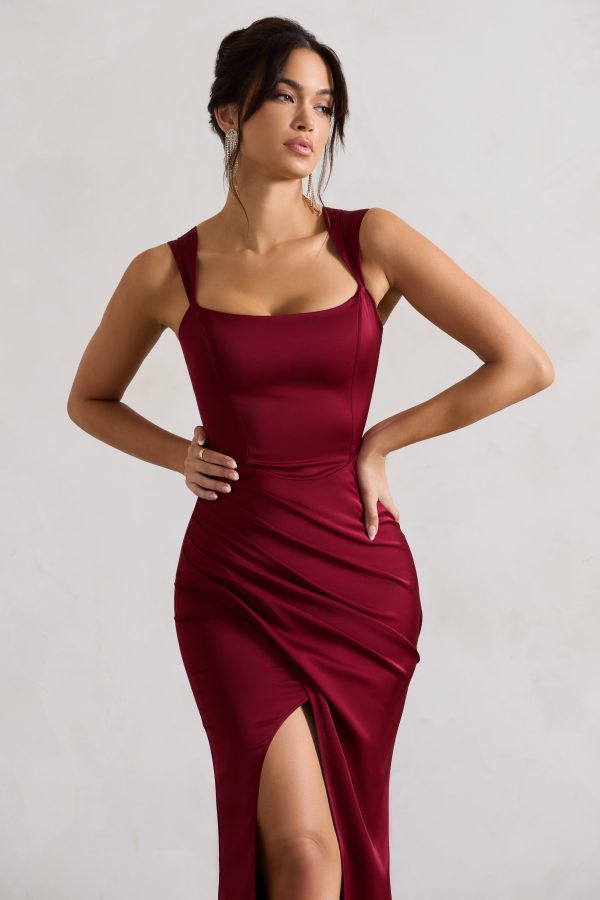 A Romantic | Berry Satin Corset Wrap Maxi Dress Sale - Image 3