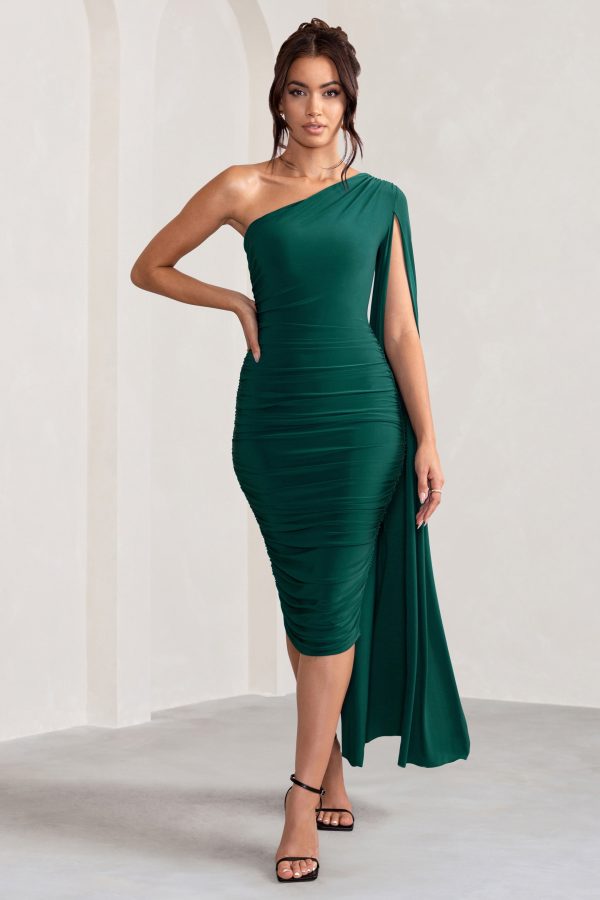 Yara | Bottle Green One Shoulder Cape Ruched Midi Dress Cheap - Image 4