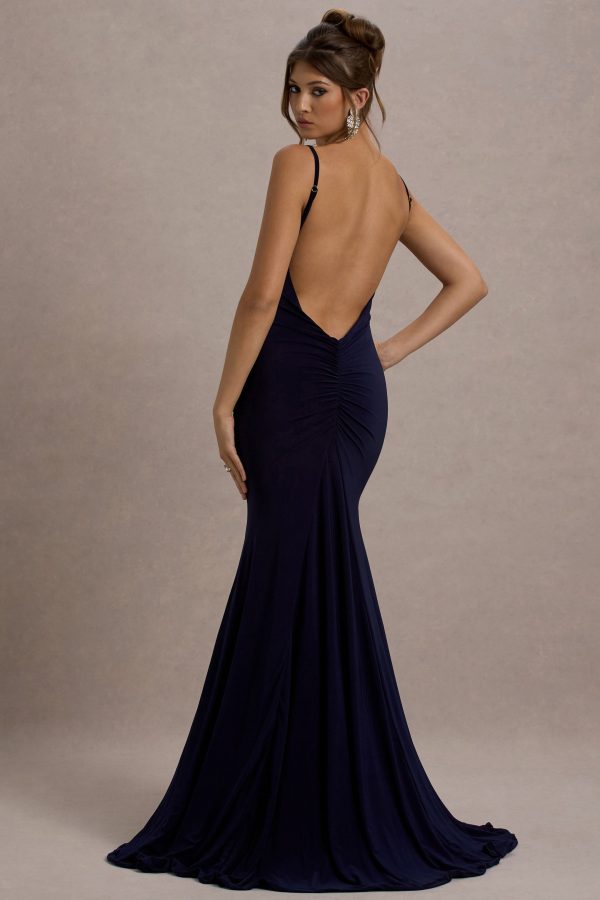 Adele | Navy Backless Ruched Fishtail Cami Maxi Dress Hot on Sale