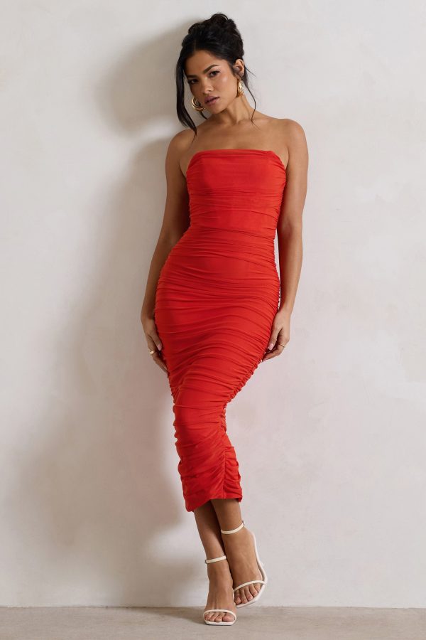 Nylah | Orange Ruched Corset Bodycon Midi Dress Online Sale