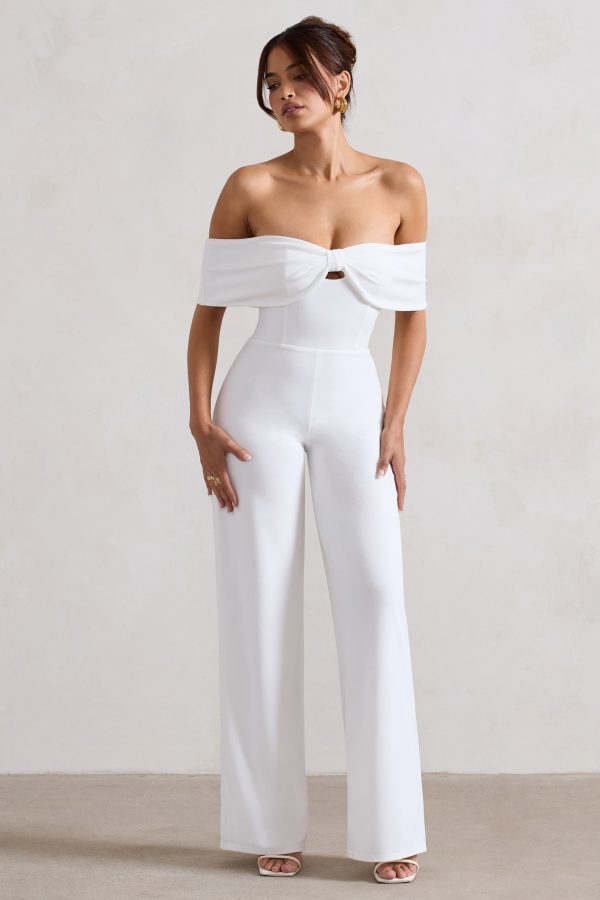 Harleen | White Bow Bardot Wide-Leg Jumpsuit For Cheap