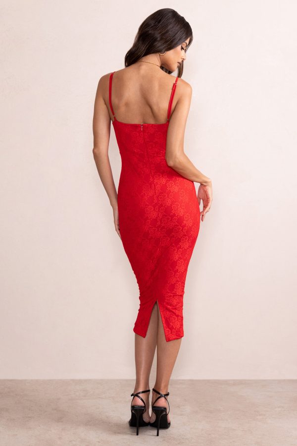 Anele | Red Lace Overlay Corset Midi Dress Discount - Image 2