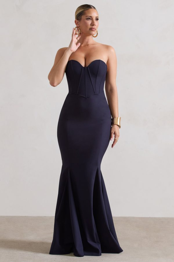 Idyllic | Navy Strapless Corset Style Fishtail Maxi Dress Sale