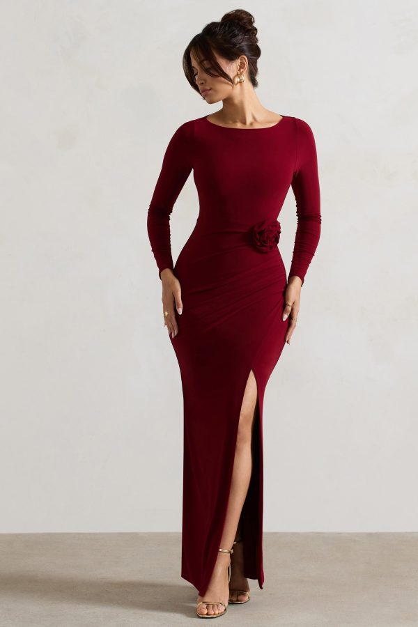 Makayla | Berry Long-Sleeve Wrap Maxi Dress With Corsages Online - Image 4