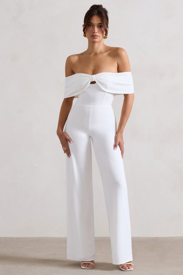 Harleen | White Bow Bardot Wide-Leg Jumpsuit For Cheap - Image 5