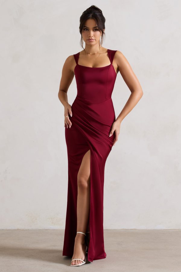 A Romantic | Berry Satin Corset Wrap Maxi Dress Sale