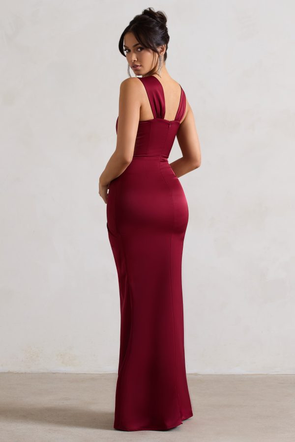 A Romantic | Berry Satin Corset Wrap Maxi Dress Sale - Image 2