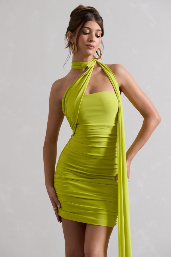 Abel | Lime Green Ruched One Shoulder Mini Dress With Scarf Online Sale - Image 3