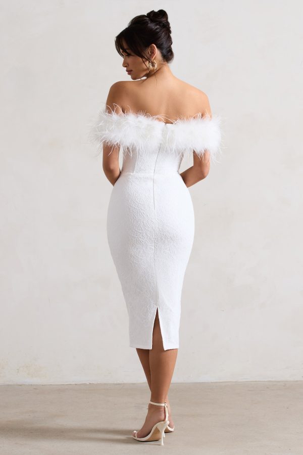 Maiden | White Lace Bardot Midi Dress With Feather Trim Discount - Image 2