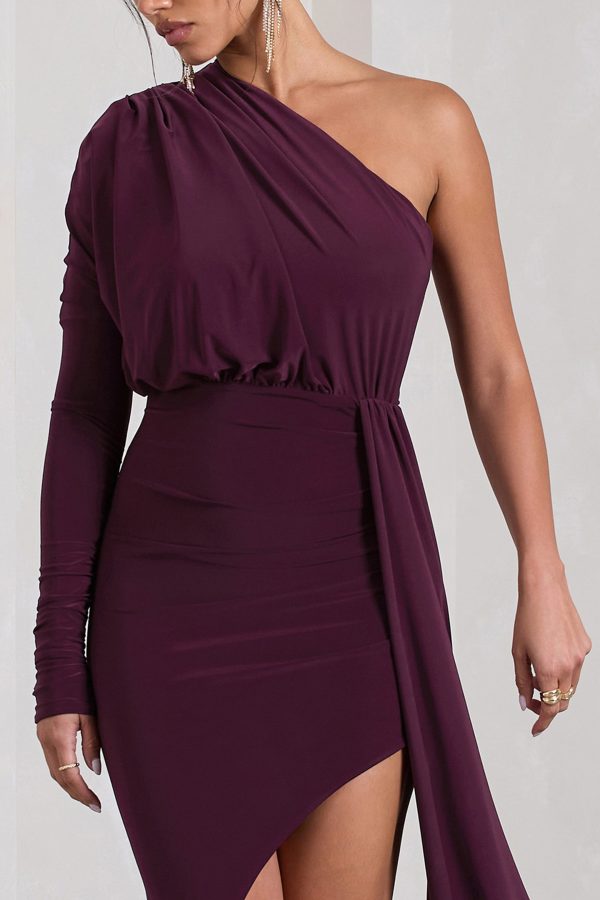 Catherine | Plum One Sleeve Asymmetric Midi Dress With Statement Drape Cheap - Image 3