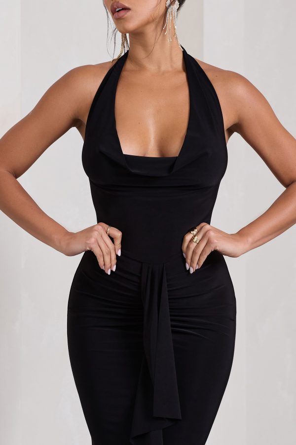 Kaia | Black Ruched Cowl-Neck Maxi Dress With Drape Online - Image 3