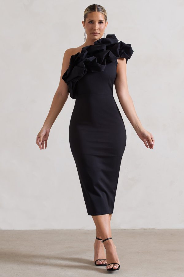 Orchestra | Black One Shoulder Ruffled Midi Dress Online now