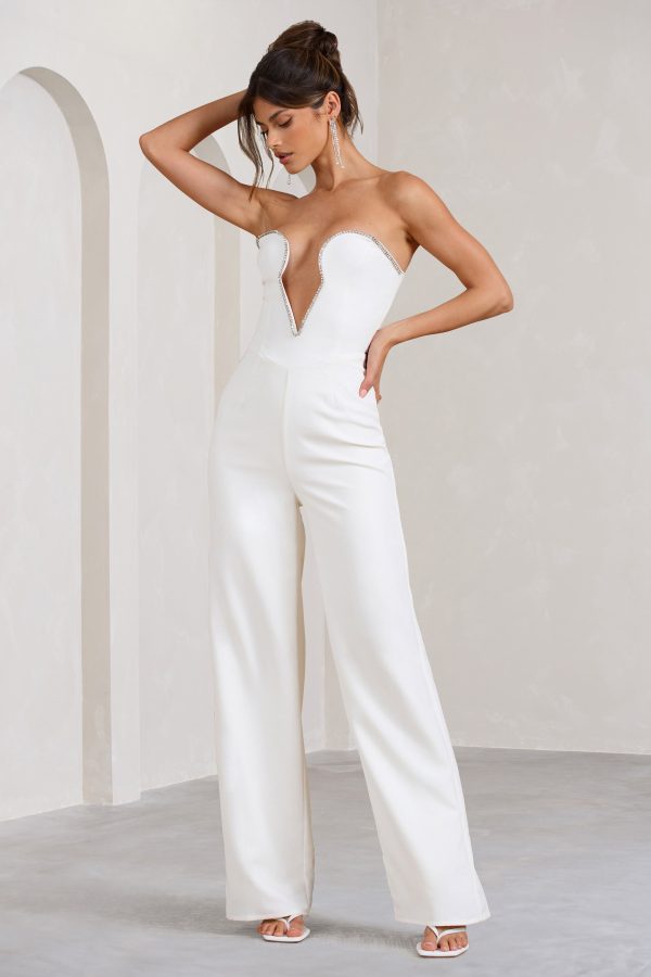 Julia | White Extreme Plunge Cut Out Wide Leg Jumpsuit Hot on Sale - Image 5