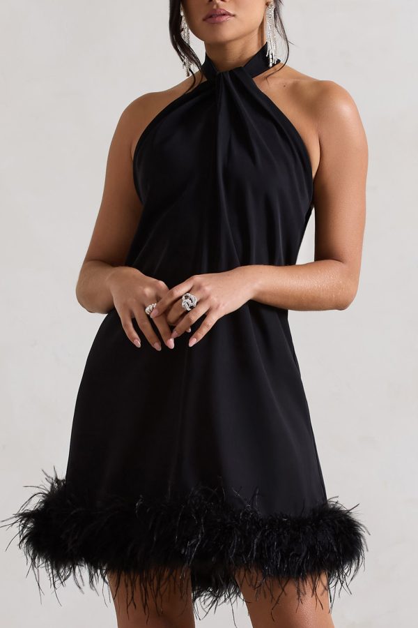 Femme | Black Halter-Neck Smock Mini Dress With Feather Hem on Sale - Image 3