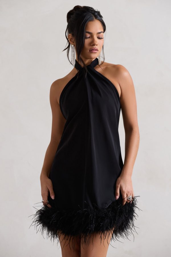 Femme | Black Halter-Neck Smock Mini Dress With Feather Hem on Sale - Image 5
