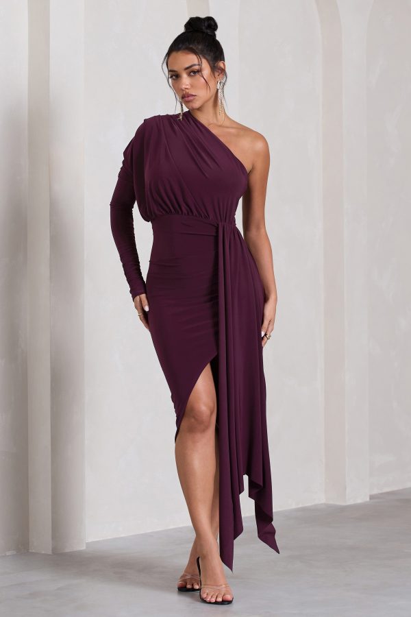 Catherine | Plum One Sleeve Asymmetric Midi Dress With Statement Drape Cheap - Image 4