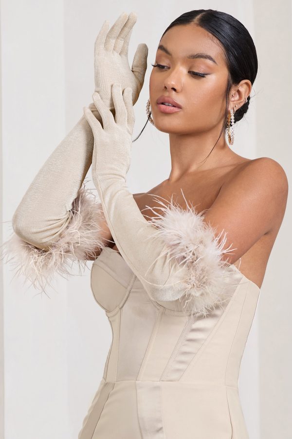 Spicy Signs | Champagne Long-Sleeved Feather Gloves Online Sale