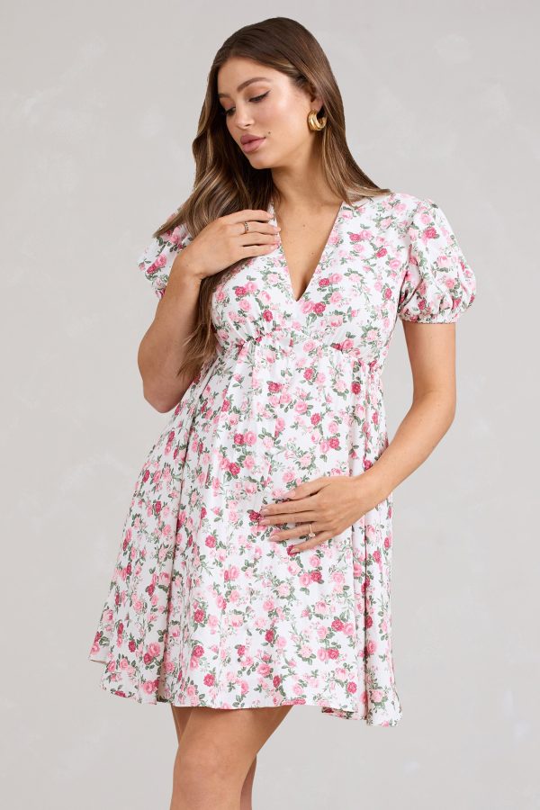 By The Cypress | Pink Floral Maternity V-Neck Puff-Sleeved Buttoned Mini Dress on Sale - Image 5