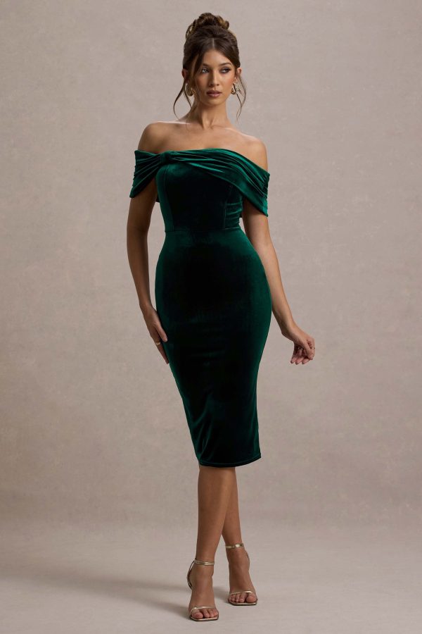 Snowflake | Bottle Green Velvet Bardot Bow Detail Midi Dress on Sale