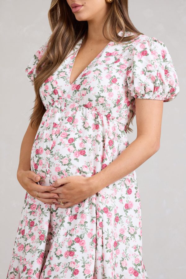By The Cypress | Pink Floral Maternity V-Neck Puff-Sleeved Buttoned Mini Dress on Sale - Image 2
