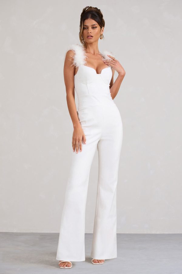 Verity | White Feather Shoulder Corset Style Jumpsuit For Discount - Image 4