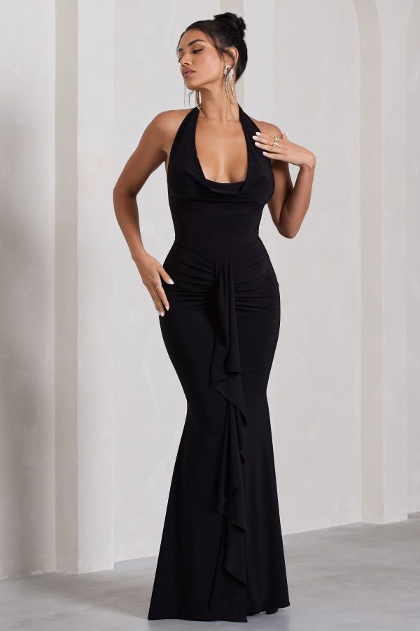 Kaia | Black Ruched Cowl-Neck Maxi Dress With Drape Online - Image 4