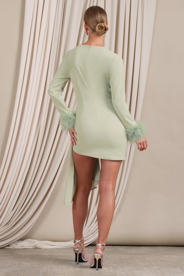 Mae | Mint Wrap Mini Dress With Drape And Feather Cuffs on Sale - Image 2