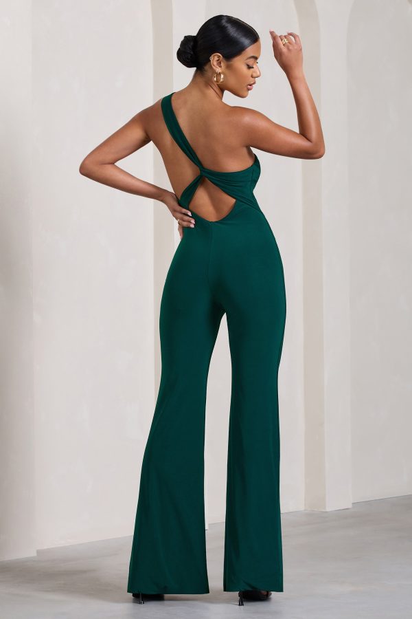 In The Dark | Bottle Green Sleeveless Asymmetric Flared-Leg Jumpsuit Online now - Image 5
