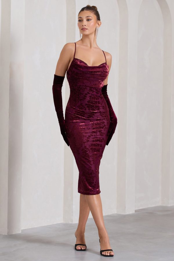 Whitney | Berry Velvet Floral Strappy Sweetheart Midi Dress For Cheap - Image 5